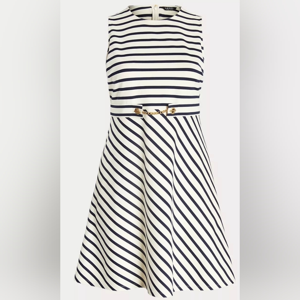 Lauren Ralph Lauren Striped Belted Ponte Dress Navy/Cream Size 6 NWT